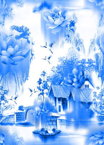 508045-流行时尚青花瓷色水墨山水人家印花-