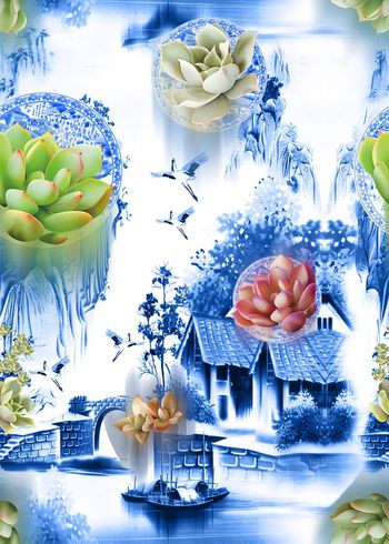 508046-流行时尚青花瓷色水墨山水人家多肉植