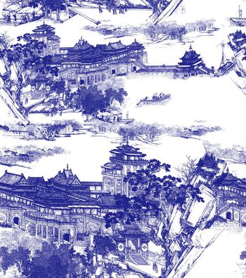 509293-流行时尚手绘线条青花院落印花-青花