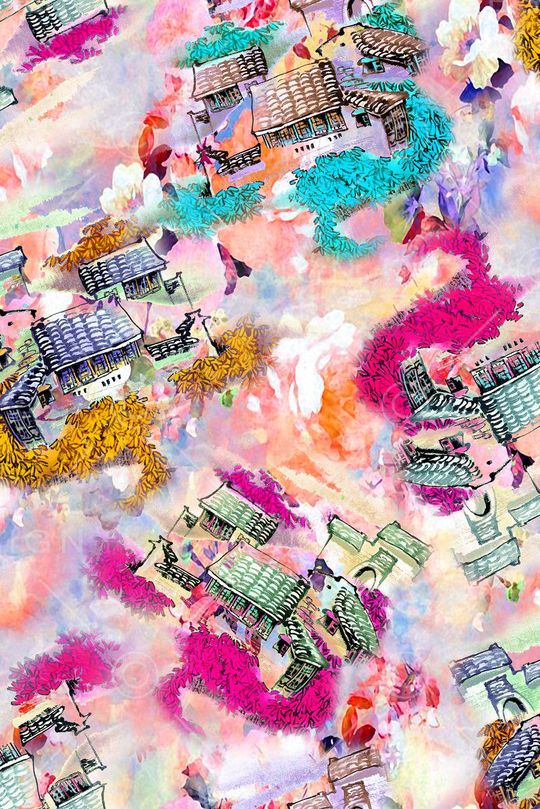 水墨 水彩 房子 建筑 花卉印花华亿平台图片