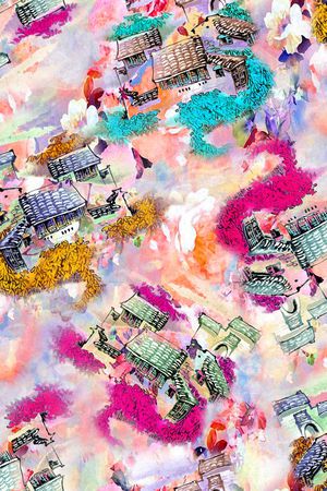 水墨 水彩 房子 建筑 花卉印花华亿平台图片