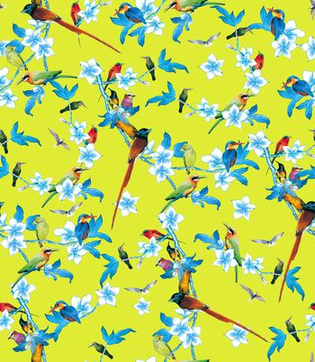 509628-百鸟争鸣中国风工笔手绘鸟儿树枝匹布