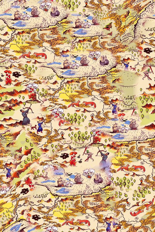 手绘 欧美 时装周 复古 古典 航海 地图  人物印花华亿平台图片