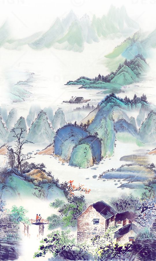 山水画印花华亿平台图片