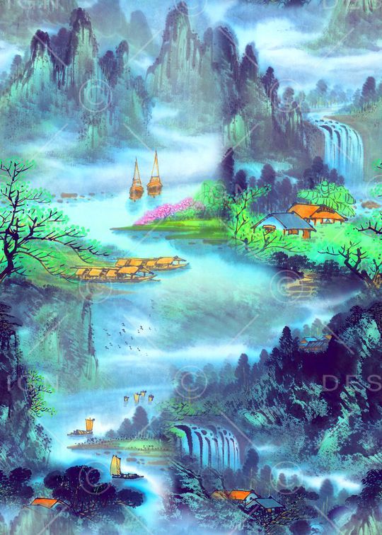 山水画印花华亿平台图片