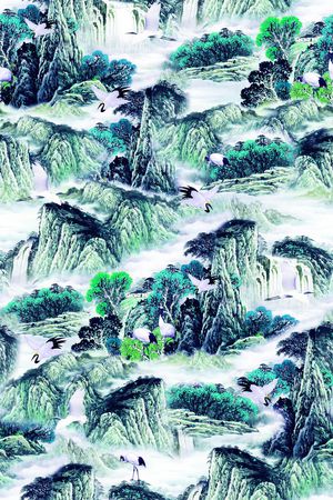 中国风 水彩 水墨 山水 风景画 时装周 走秀 手绘 欧美印花华亿平台图片