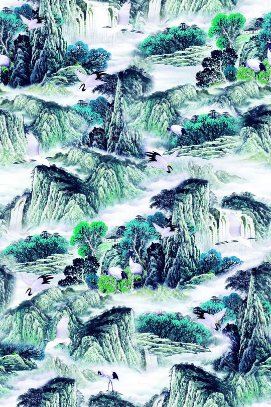 中国风 水彩 水墨 山水 风景画 时装周 走秀 手绘 欧美印花华亿平台图片