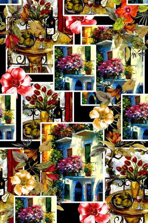 原创 手绘 欧美 几何 拼贴 花卉 油画印花华亿平台图片