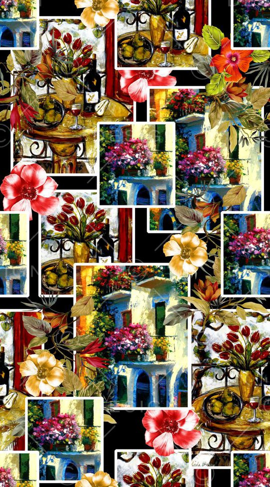 原创 手绘 欧美 几何 拼贴 花卉 油画印花华亿平台图片