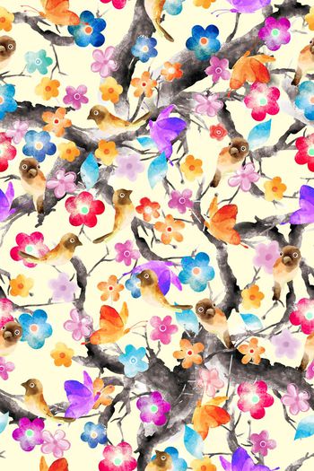 513292-手绘水彩小碎花小鸟蝴蝶树木枝干