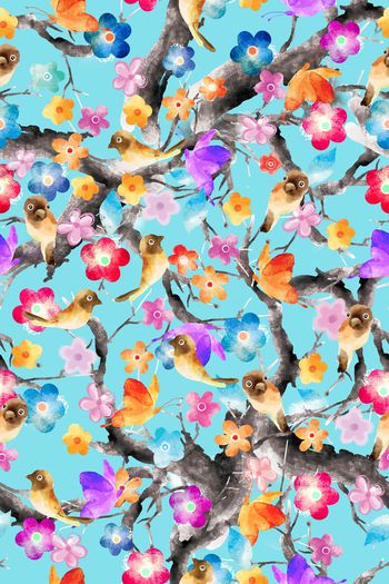 513293-手绘水彩小碎花小鸟蝴蝶树木枝干