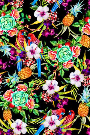 原创 手绘 水彩 水墨 欧美 时尚 鹦鹉 花卉印花华亿平台图片