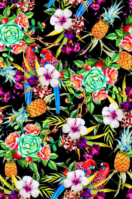 原创 手绘 水彩 水墨 欧美 时尚 鹦鹉 花卉印花华亿平台图片