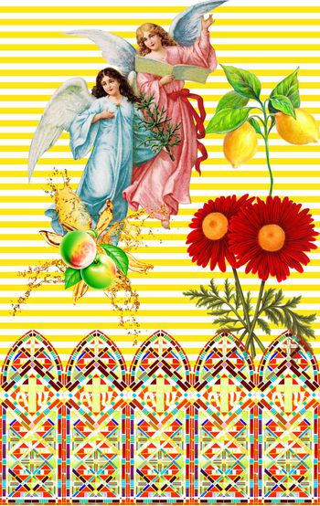 513786-欧美流行时尚天使花卉横条纹印花-欧