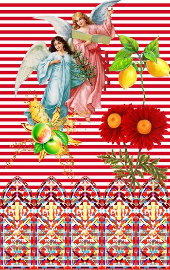 513787-欧美流行时尚天使花卉横条纹印花-欧