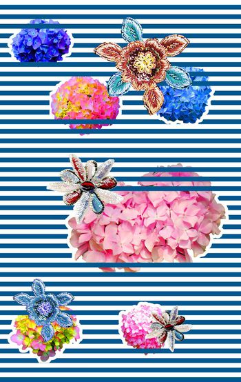 513800-欧美流行时尚抽象花卉珠片横条纹印花