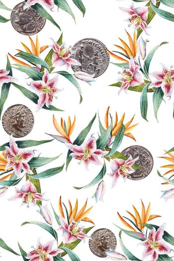 514794-花卉  古钱币   