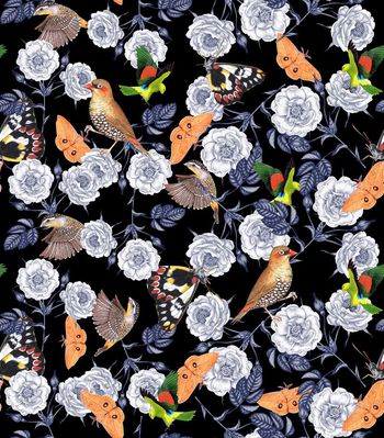 515775-	潮流时尚复古手绘花卉鸟动物组合印