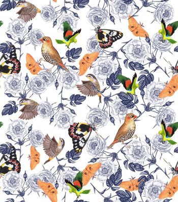 515776-	潮流时尚复古手绘花卉鸟动物组合印