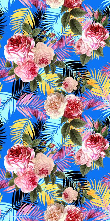 516406-欧美流行时尚热带树叶搭配复古花卉印