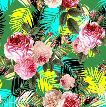 516410-欧美流行时尚热带树叶搭配复古花卉印