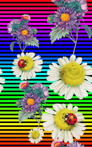 516520-欧美流行时尚手绘复古花卉瓢虫菊花横