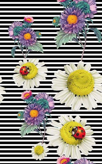 516521-欧美流行时尚手绘复古花卉瓢虫菊花横