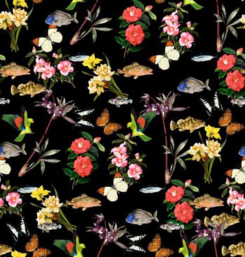 516553-潮流时尚复古花卉水彩鱼组合数码印花