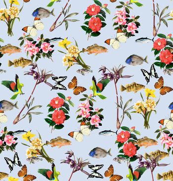 516554-潮流时尚复古花卉水彩鱼组合数码印花