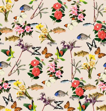 516555-潮流时尚复古花卉水彩鱼组合数码印花