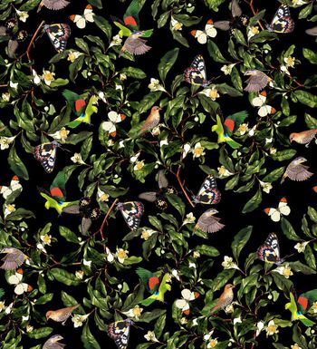 516668-	潮流时尚复古花卉秋冬花鸟组合印花