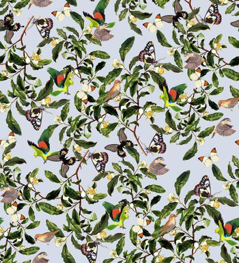 516669-	潮流时尚复古花卉秋冬花鸟组合印花