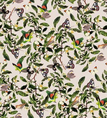 516670-	潮流时尚复古花卉秋冬花鸟组合印花