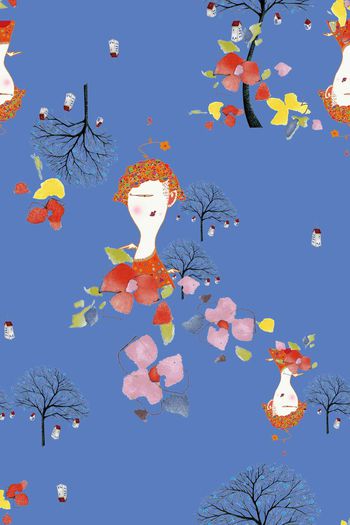 517409-原创时尚大牌人物大树房子童趣绘画花