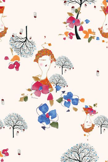 517410-原创时尚大牌人物大树房子童趣绘画花