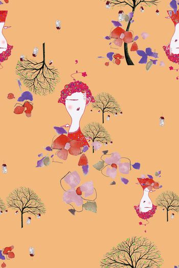 517412-原创时尚大牌人物大树房子童趣绘画花