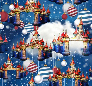 517997-欧美流行时尚手绘圣诞城堡彩球云彩印