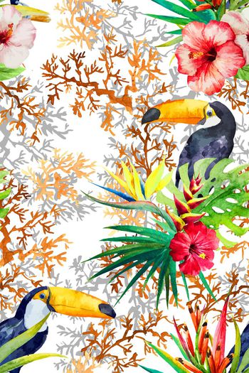 519676-热带风情植物巨嘴鸟珊瑚组合