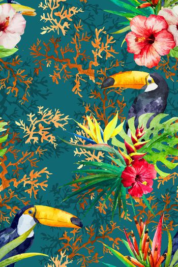 519677-热带风情植物巨嘴鸟珊瑚组合