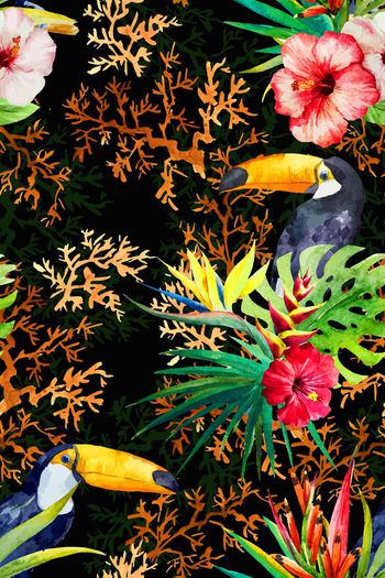 519678-热带风情植物巨嘴鸟珊瑚组合