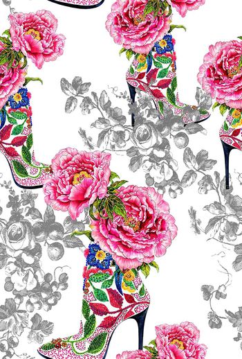 520074-欧美流行时尚大牌手绘高跟鞋花卉印花