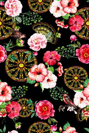 手绘 时尚 欧美 车轮 扇子 花卉印花华亿平台图片