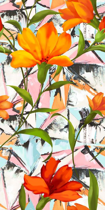 521684-欧美流行时尚手绘抽象几何花卉印花