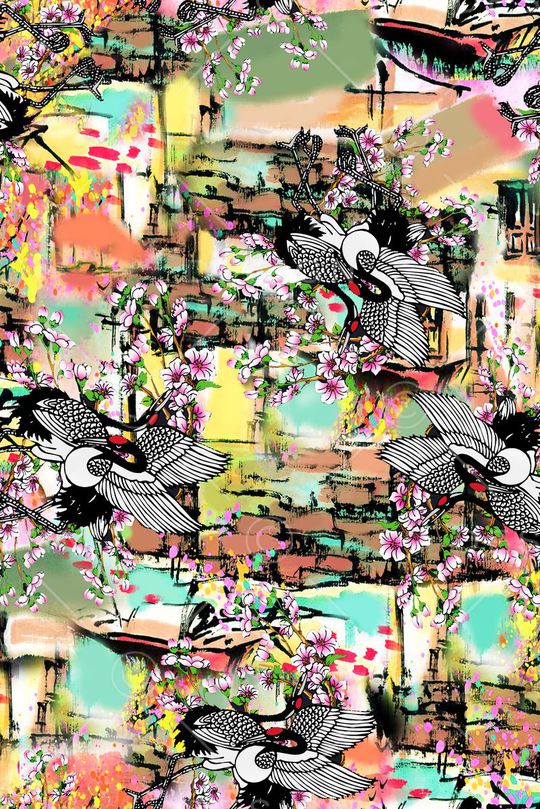 水墨 风景 花卉 鸟印花华亿平台图片