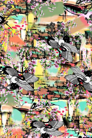 水墨 风景 花卉 鸟印花华亿平台图片