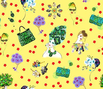 522790-手绘风格美女画钻石仙人掌美妆组合匹