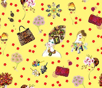 522792-手绘风格美女画钻石仙人掌美妆组合匹