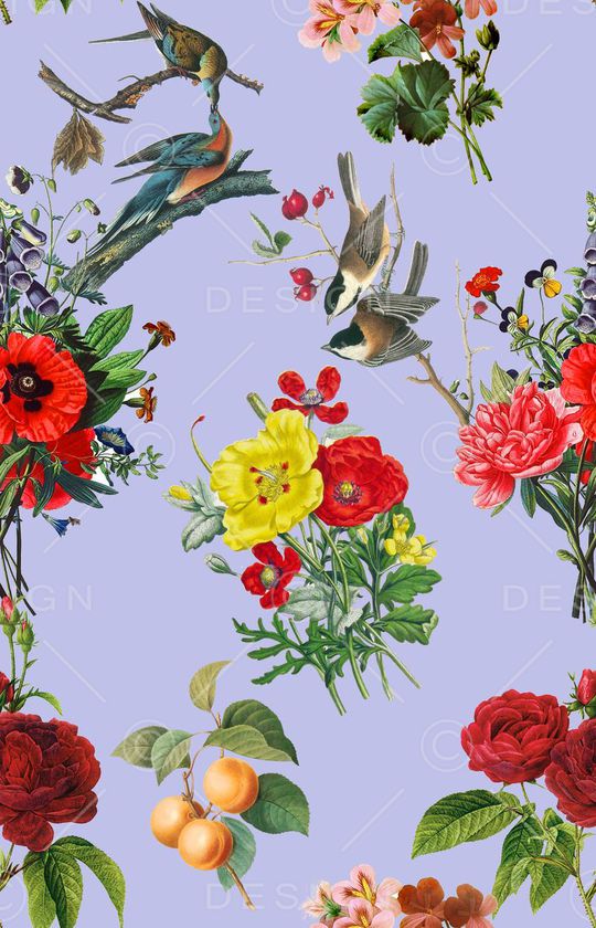 手绘花鸟印花华亿平台图片