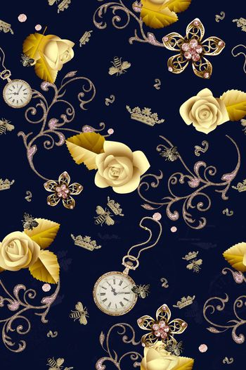 523028-复古大牌纹样 金色玫瑰花 昆虫纹样
