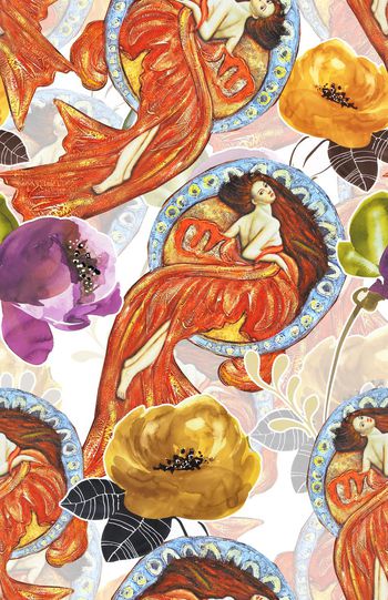 523332-欧美流行时尚手绘复古美人鱼花卉印花